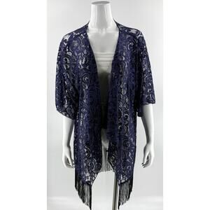 Lularoe Lace Kimono Duster Top Size Large Navy Blue Black Tassel Hem Cover Up